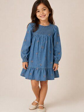 Mini Boden Denim chambray rainbow embroidered dress size 7-8 Years